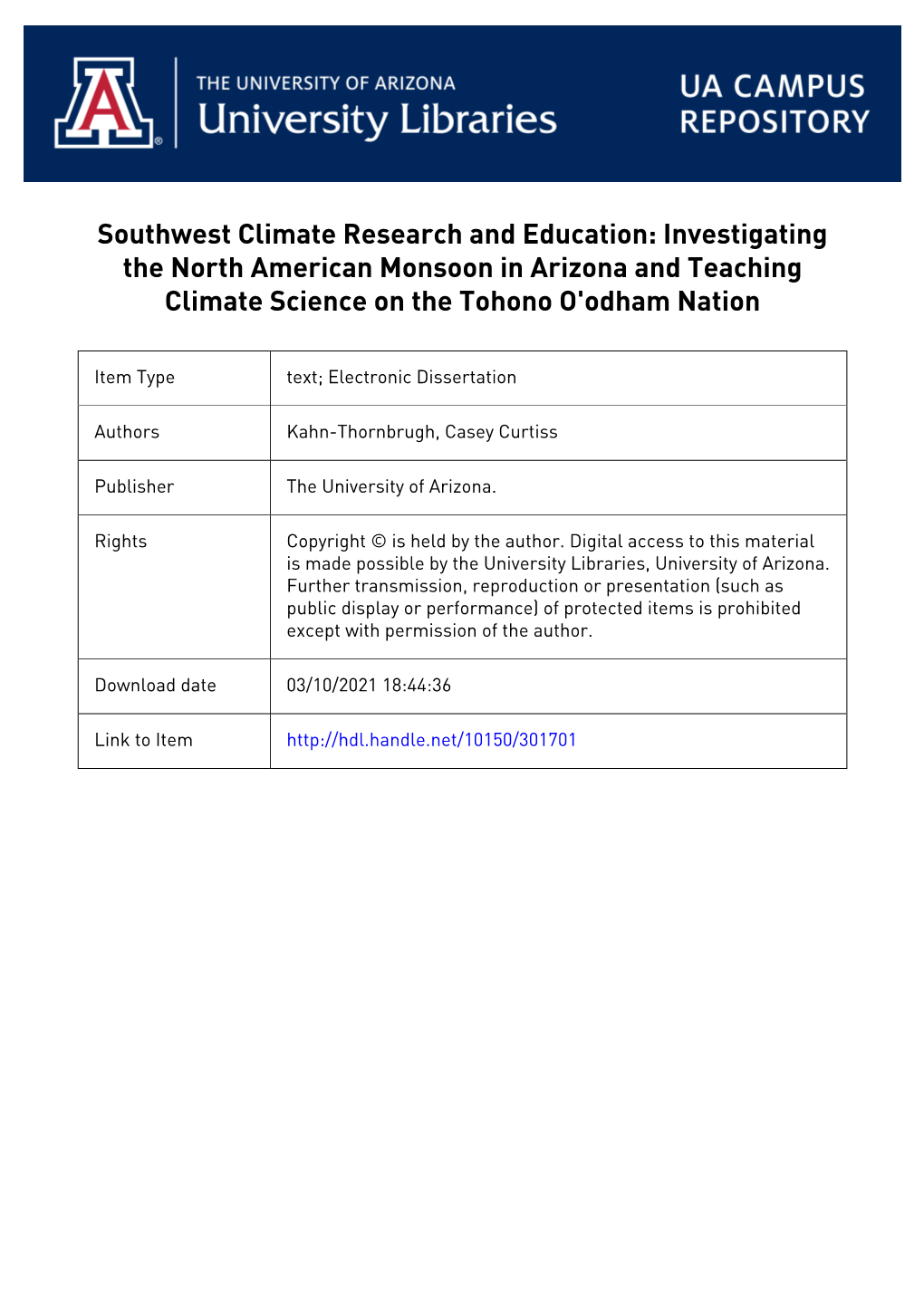 Investigating the North American Monsoon in Arizona and Teaching Climate Science on the Tohono O'odham Nation