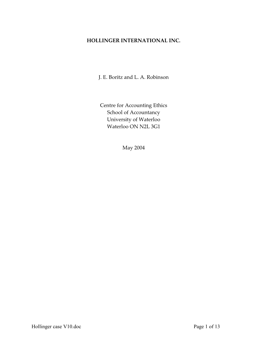 Hollinger Case V10.Doc Page 1 of 13 Hollinger International Inc