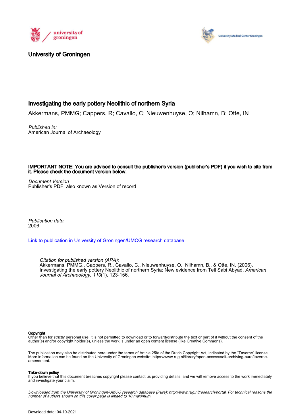 Investigating the Early Pottery Neolithic of Northern Syria: New Evidence from Tell Sabi Abyad