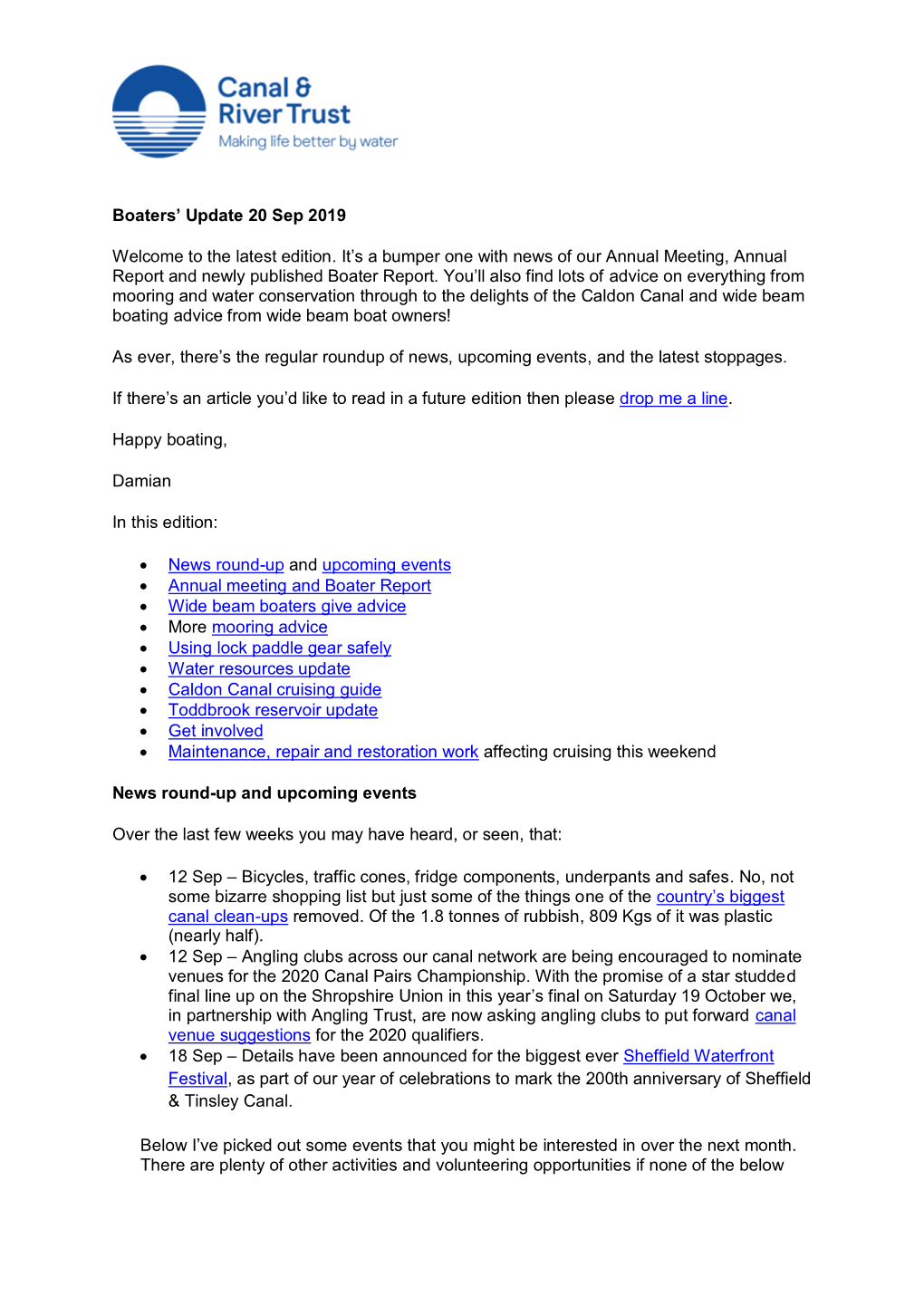 Boaters' Update 20 Sep 2019 Welcome to the Latest Edition. It's A