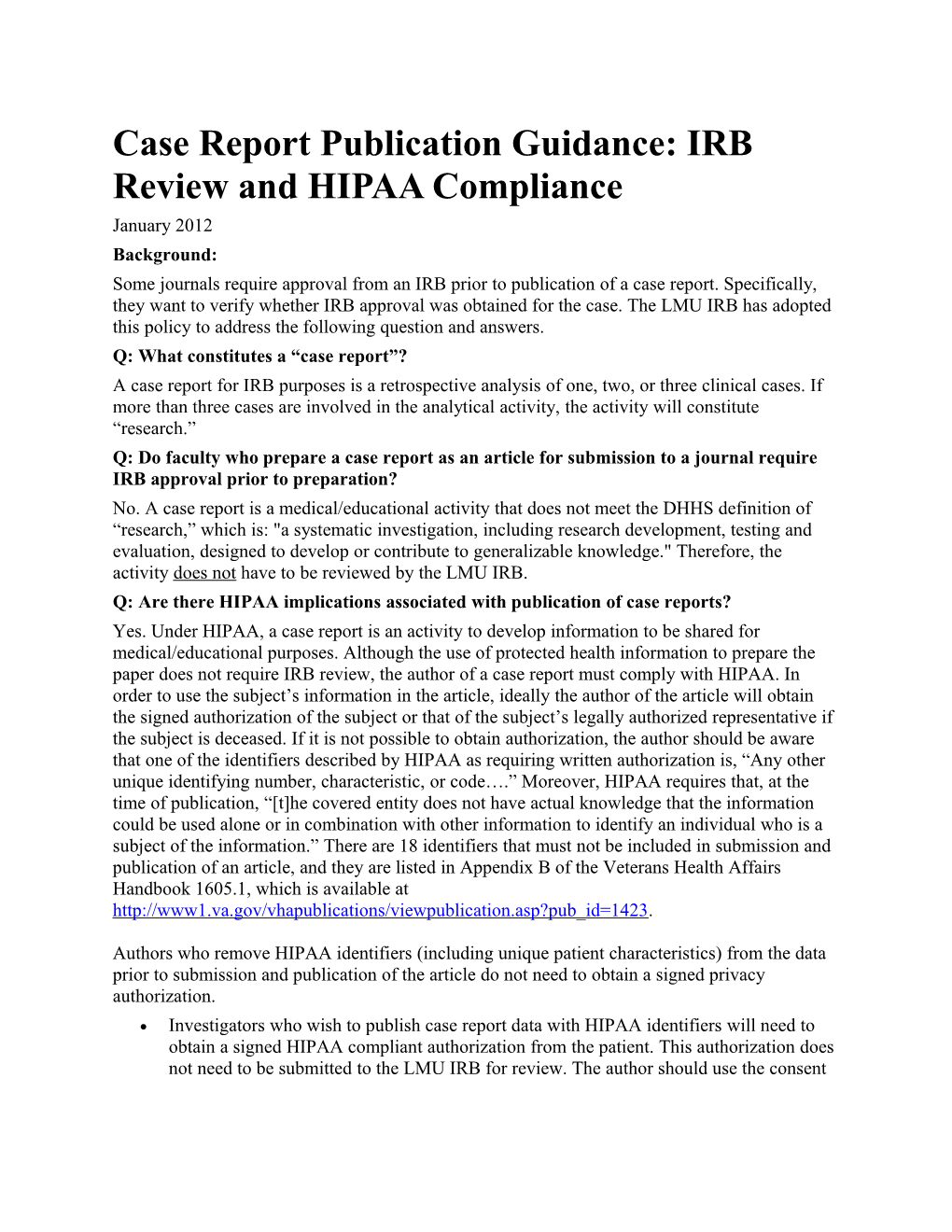 Case Report Publication Guidance: IRB Review and HIPAA Compliance