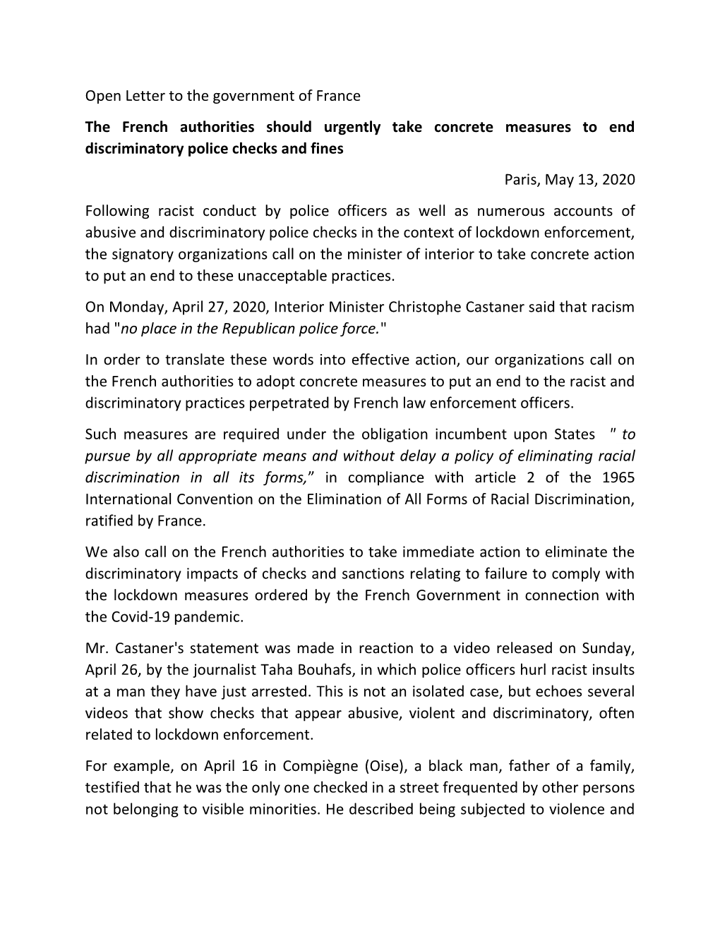 Open Letter to the Government of France