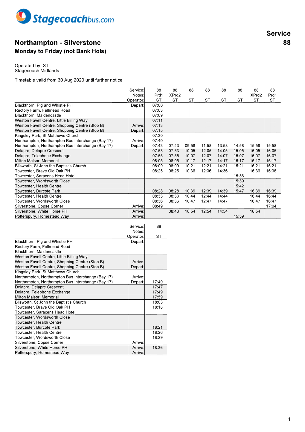 Service Northampton - Silverstone 88 Monday to Friday (Not Bank Hols)