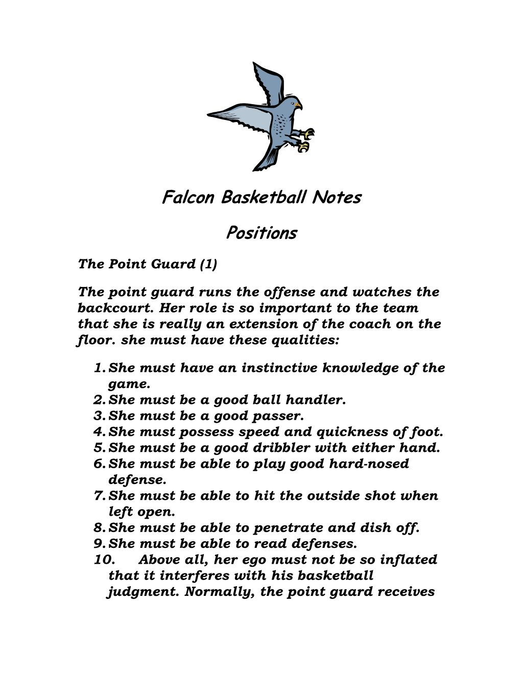 Falcon Basketball Notes Positions