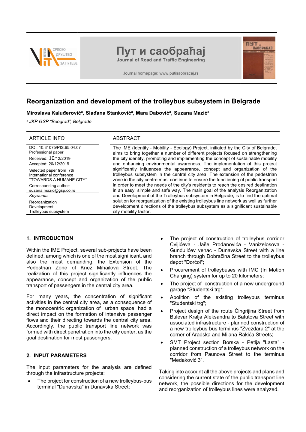 Пут И Саобраћај Journal of Road and Traffic Engineering