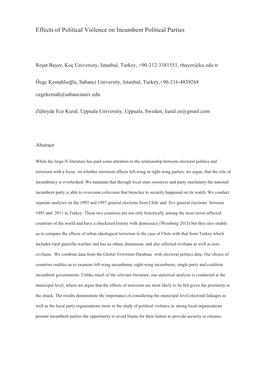 Effects of Political Violence on Incumbent Political Parties