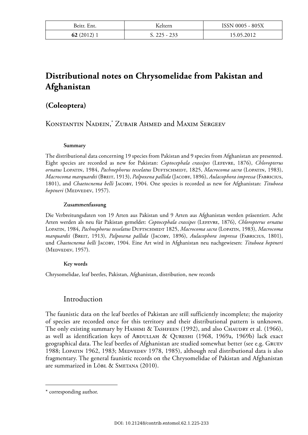 Distributional Notes on Chrysomelidae from Pakistan and Afghanistan