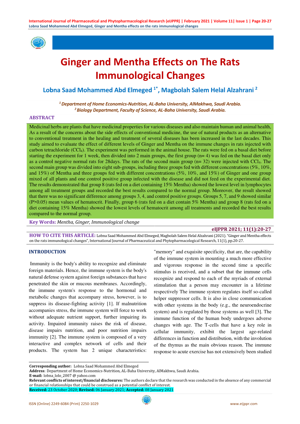 Ginger and Mentha Effects on the Rats Immunological Changes