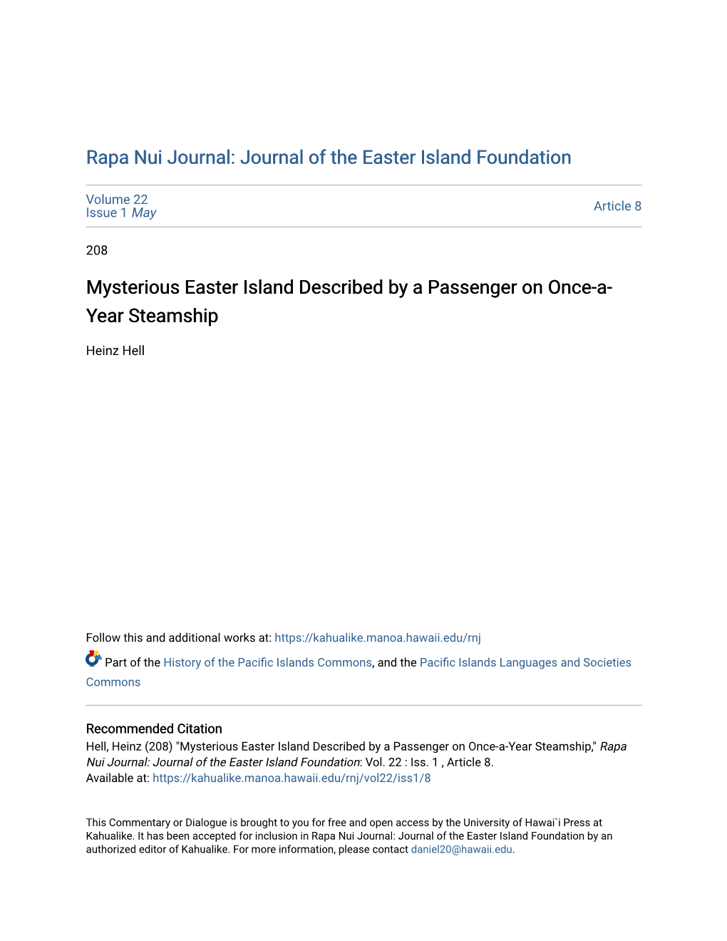 Mysterious Easter Island Described by a Passenger on Once-A-Year Steamship," Rapa Nui Journal: Journal of the Easter Island Foundation: Vol