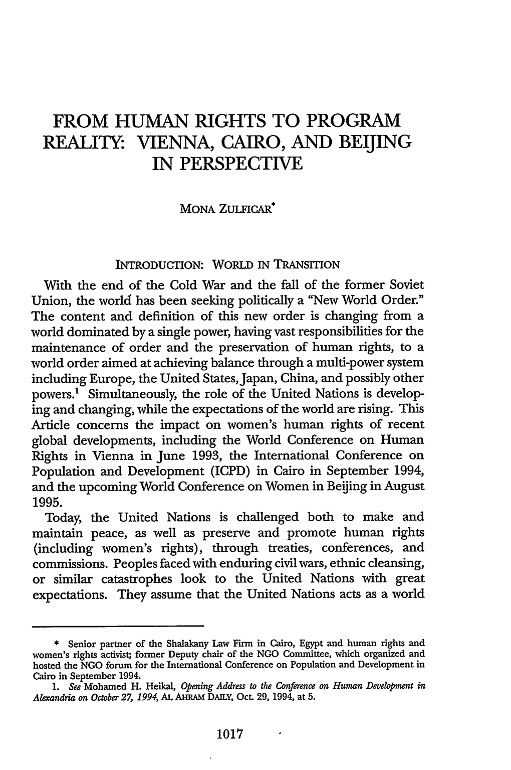 From Human Rights to Program Reality: Vienna, Cairo, and Beijing in Perspective