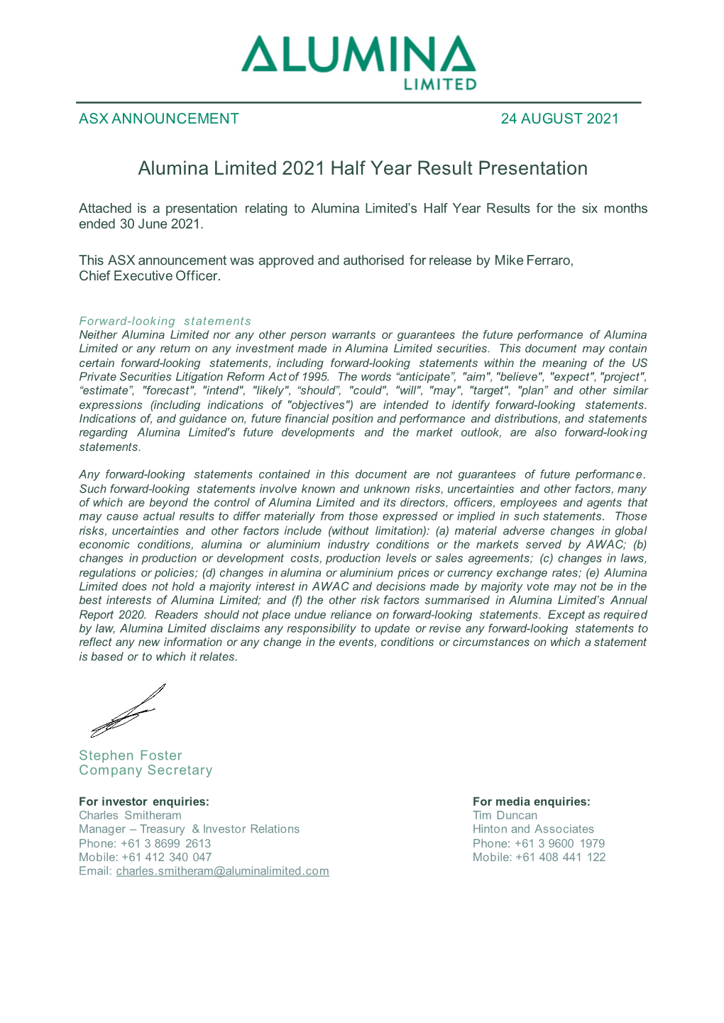 Alumina Limited 2021 Half Year Result Presentation