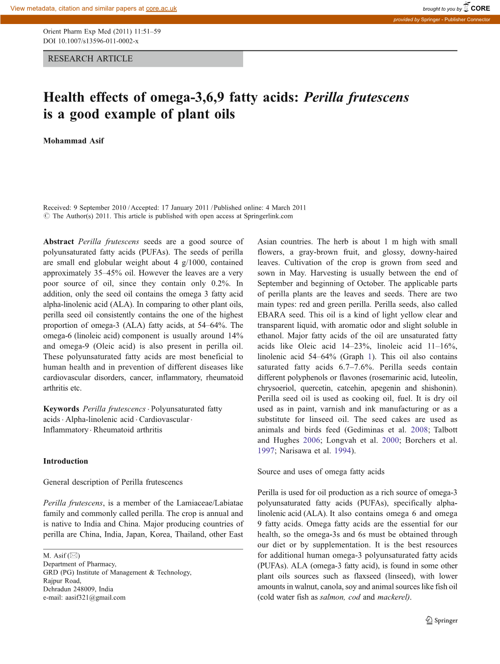 Health Effects of Omega-3,6,9 Fatty Acids: Perilla Frutescens Is a Good Example of Plant Oils