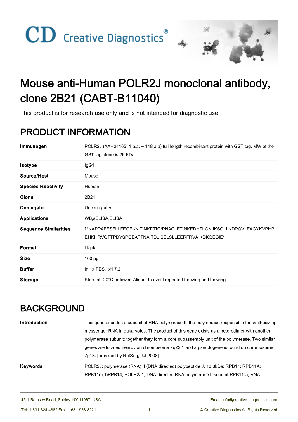 Mouse Anti-Human POLR2J Monoclonal Antibody, Clone 2B21 (CABT-B11040) This Product Is for Research Use Only and Is Not Intended for Diagnostic Use