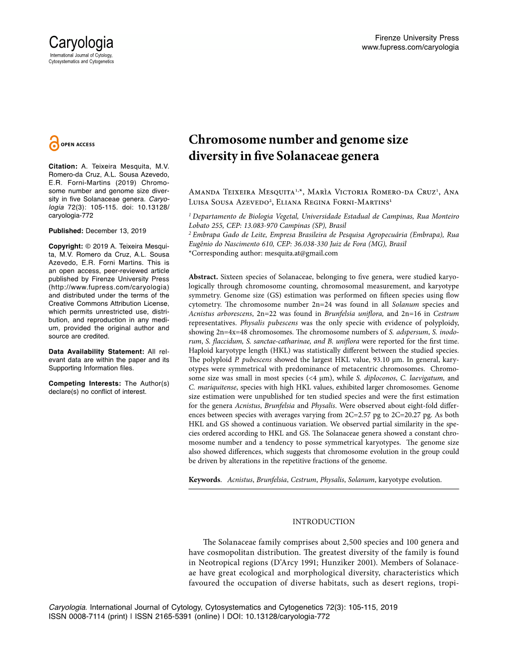 Chromosome Number and Genome Size Diversity in Five Solanaceae Genera Citation: A