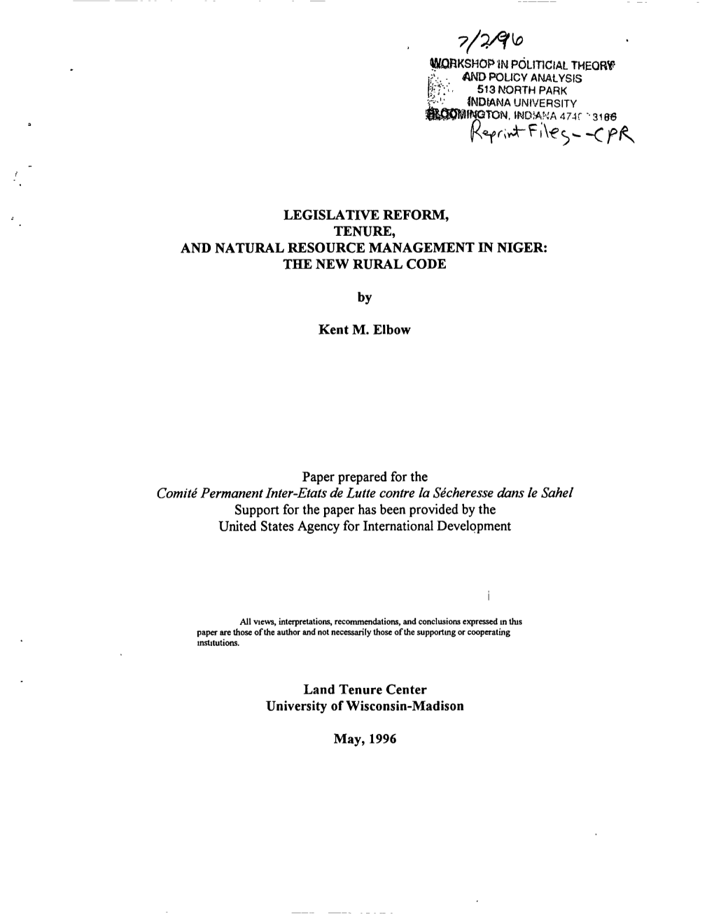 Legislative Reform, Tenure, and Natural Resource Management in Niger: the New Rural Code