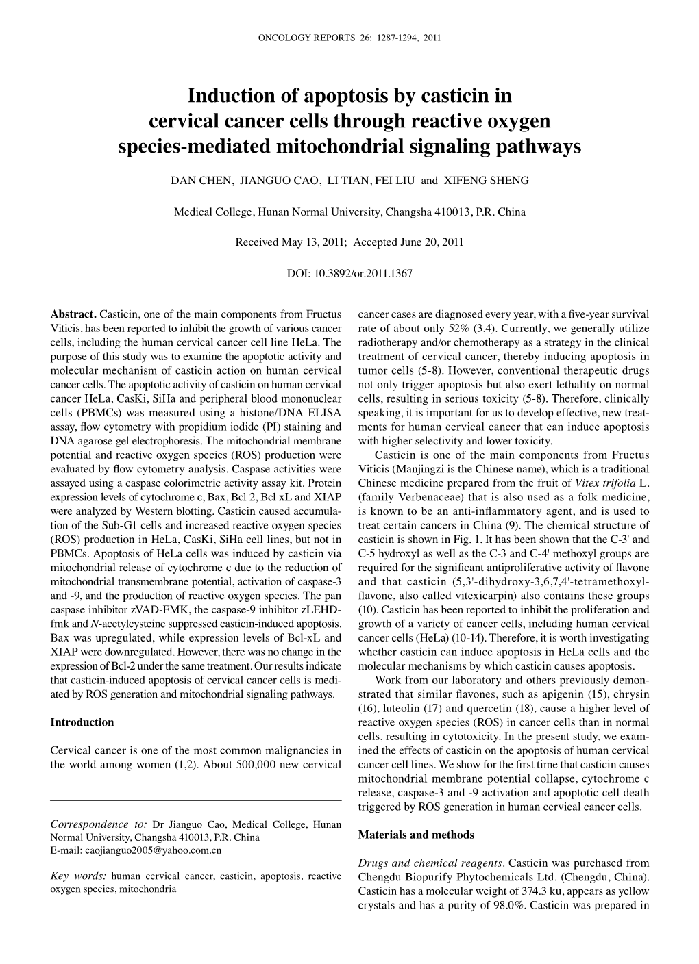 Induction of Apoptosis by Casticin in Cervical Cancer Cells Through Reactive Oxygen Species-Mediated Mitochondrial Signaling Pathways