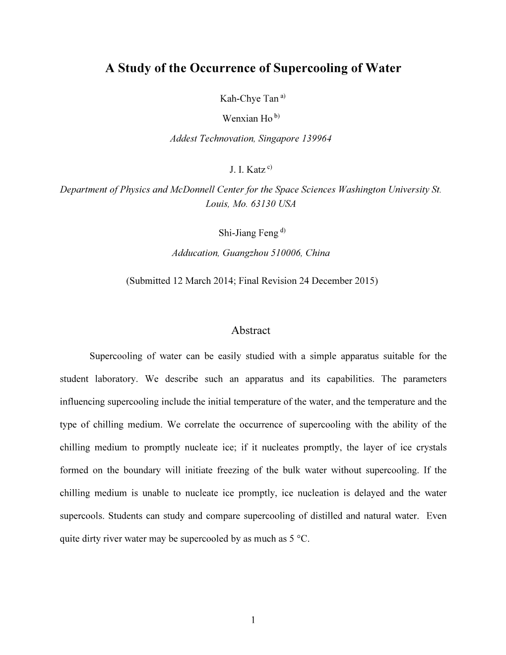 A Study of the Occurence of Supercooling of Water 2015