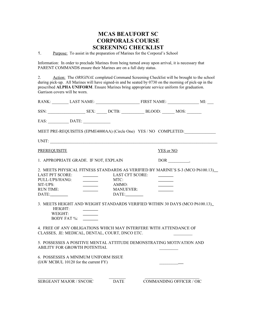 Command Screening Checklist