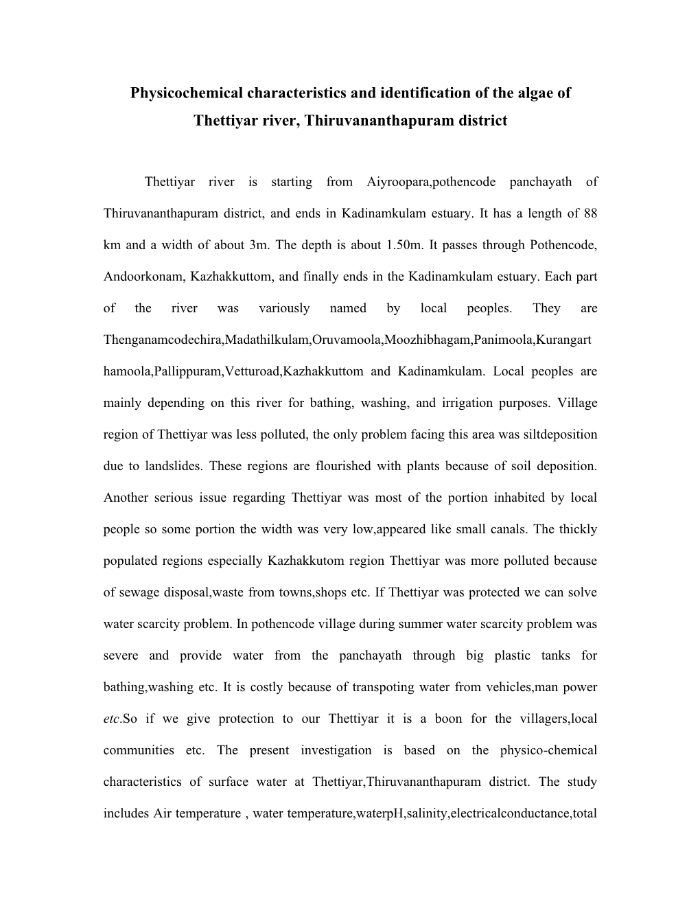 Physicochemical Characteristics and Identification of the Algae of Thettiyar River, Thiruvananthapuram District