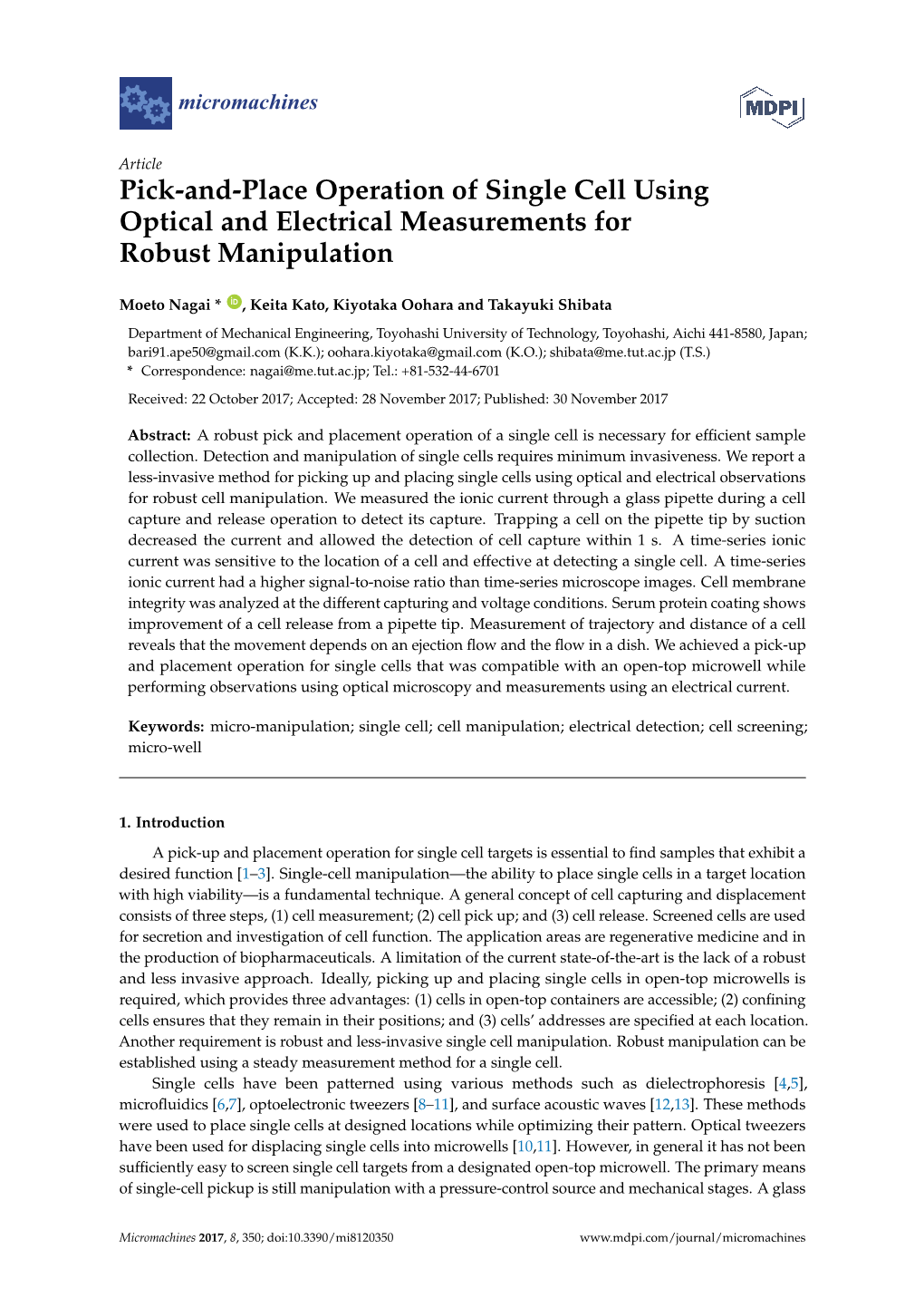 Pick-And-Place Operation of Single Cell Using Optical and Electrical Measurements for Robust Manipulation