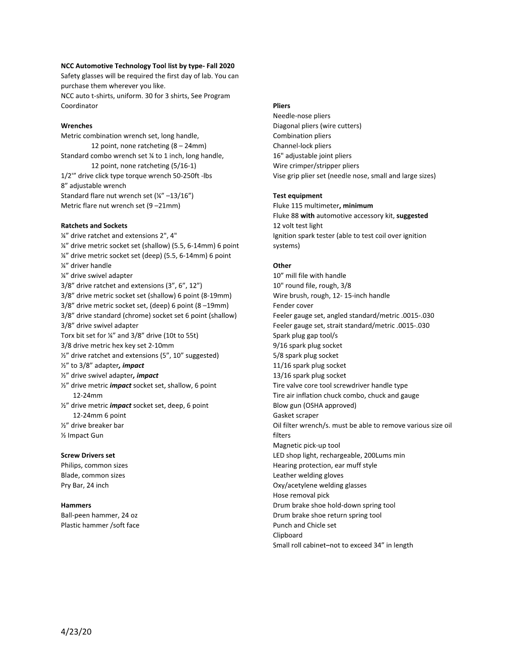 NCC Automotive Technology Tool List by Type- Fall 2020 Safety Glasses Will Be Required the First Day of Lab