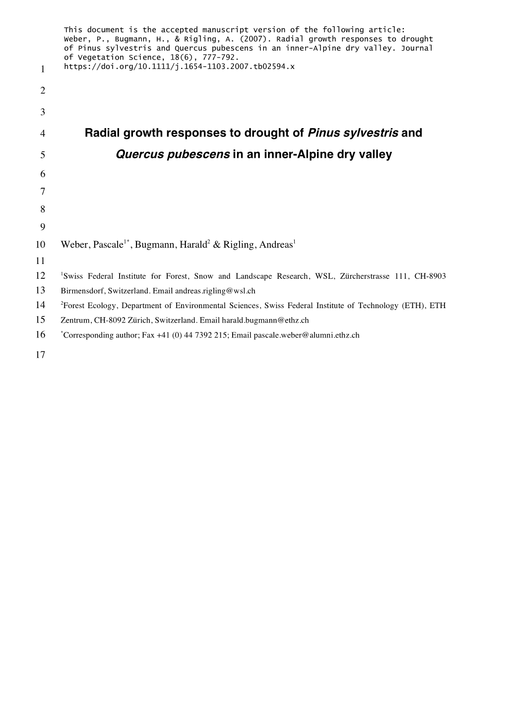 Radial Growth Responses to Drought of Pinus Sylvestris and Quercus Pubescens in an Inner-Alpine Dry Valley