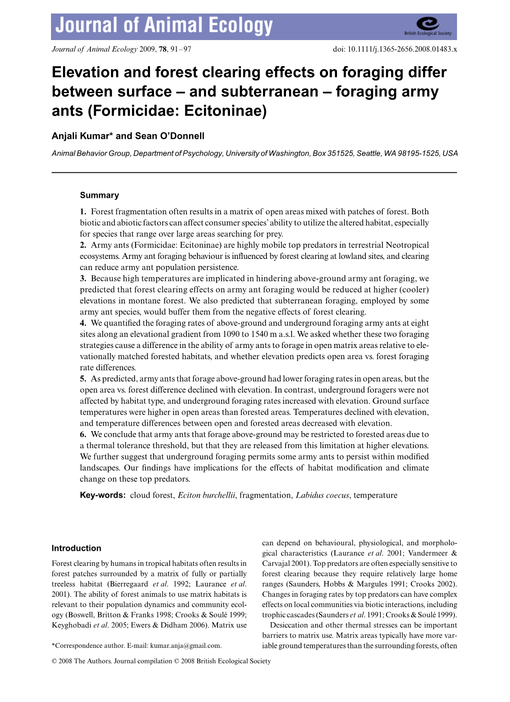 Kumar, A. & S. O'donnell. 2009. Elevation and Forest Clearing Effects