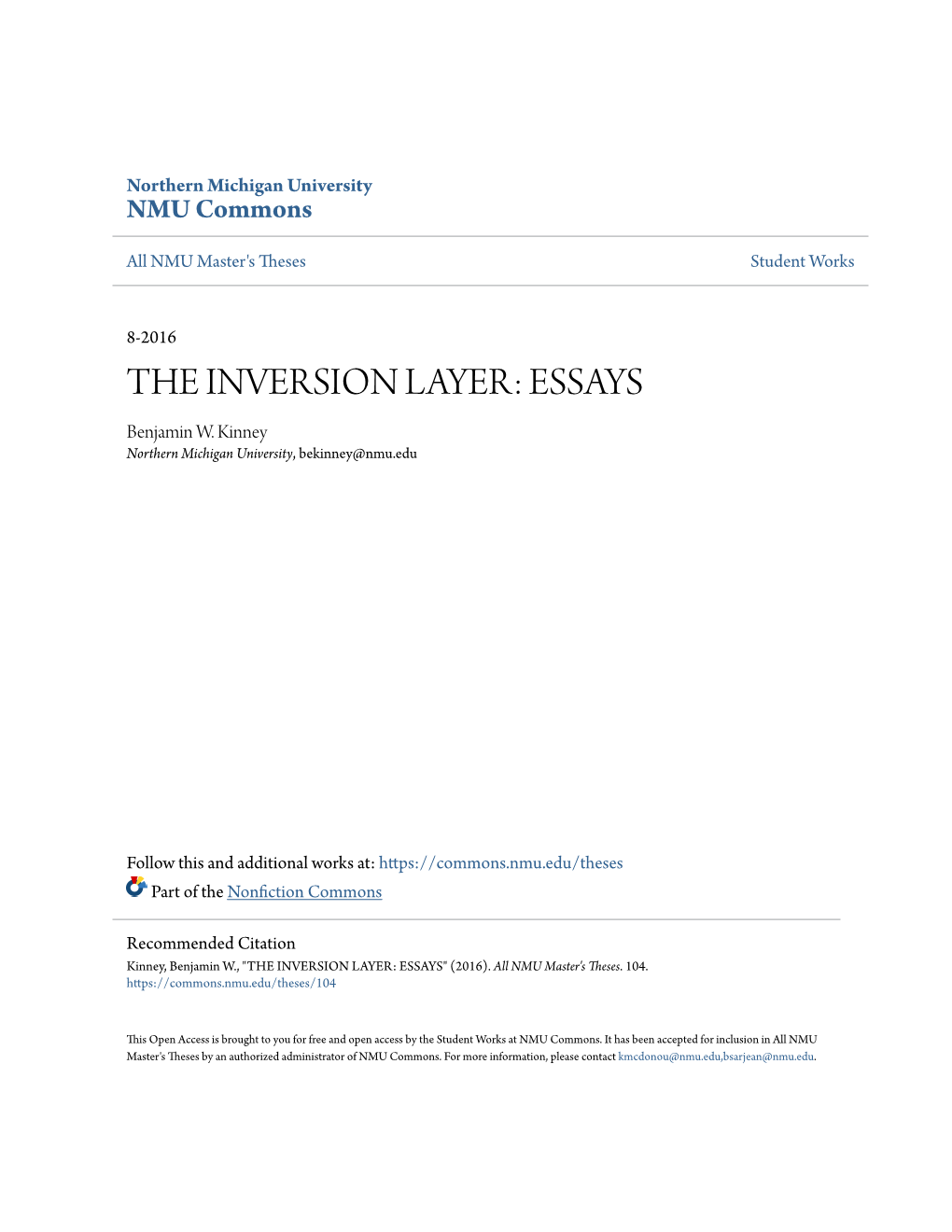 THE INVERSION LAYER: ESSAYS Benjamin W