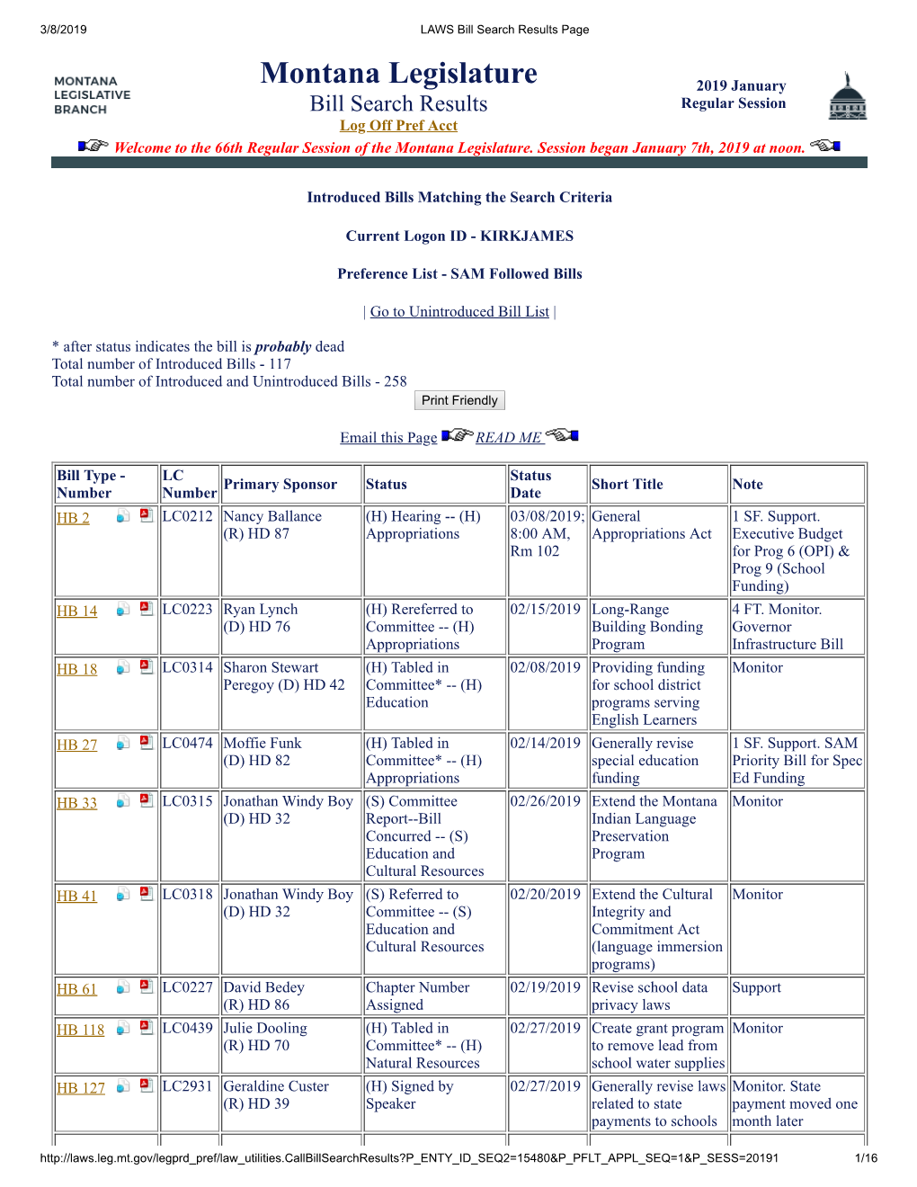 Montana Legislature 2019 January Bill Search Results Regular Session