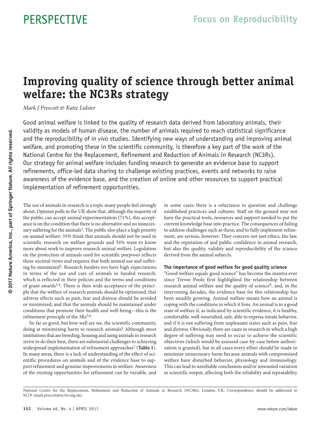 Improving Quality of Science Through Better Animal Welfare: the Nc3rs Strategy Mark J Prescott & Katie Lidster