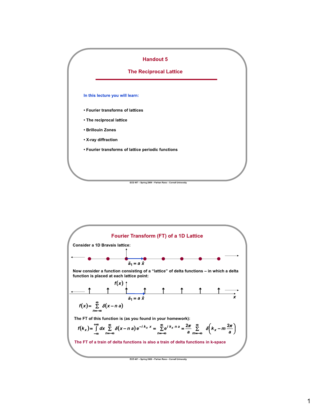 Handout 5 the Reciprocal Lattice Fourier Transform (FT) of a 1D Lattice