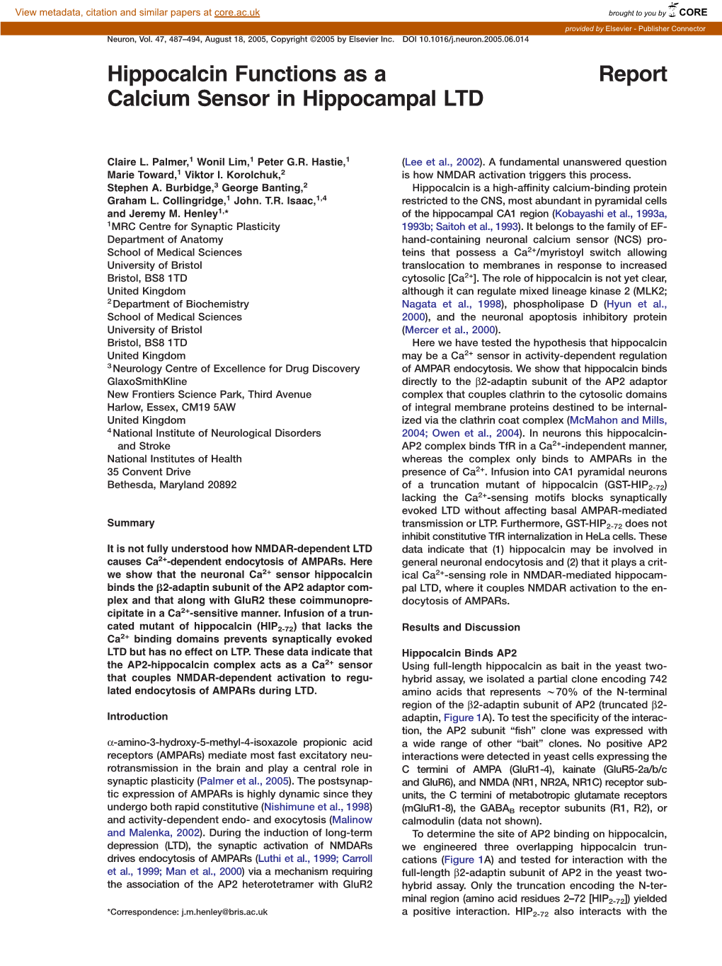 Report Hippocalcin Functions As a Calcium Sensor in Hippocampal