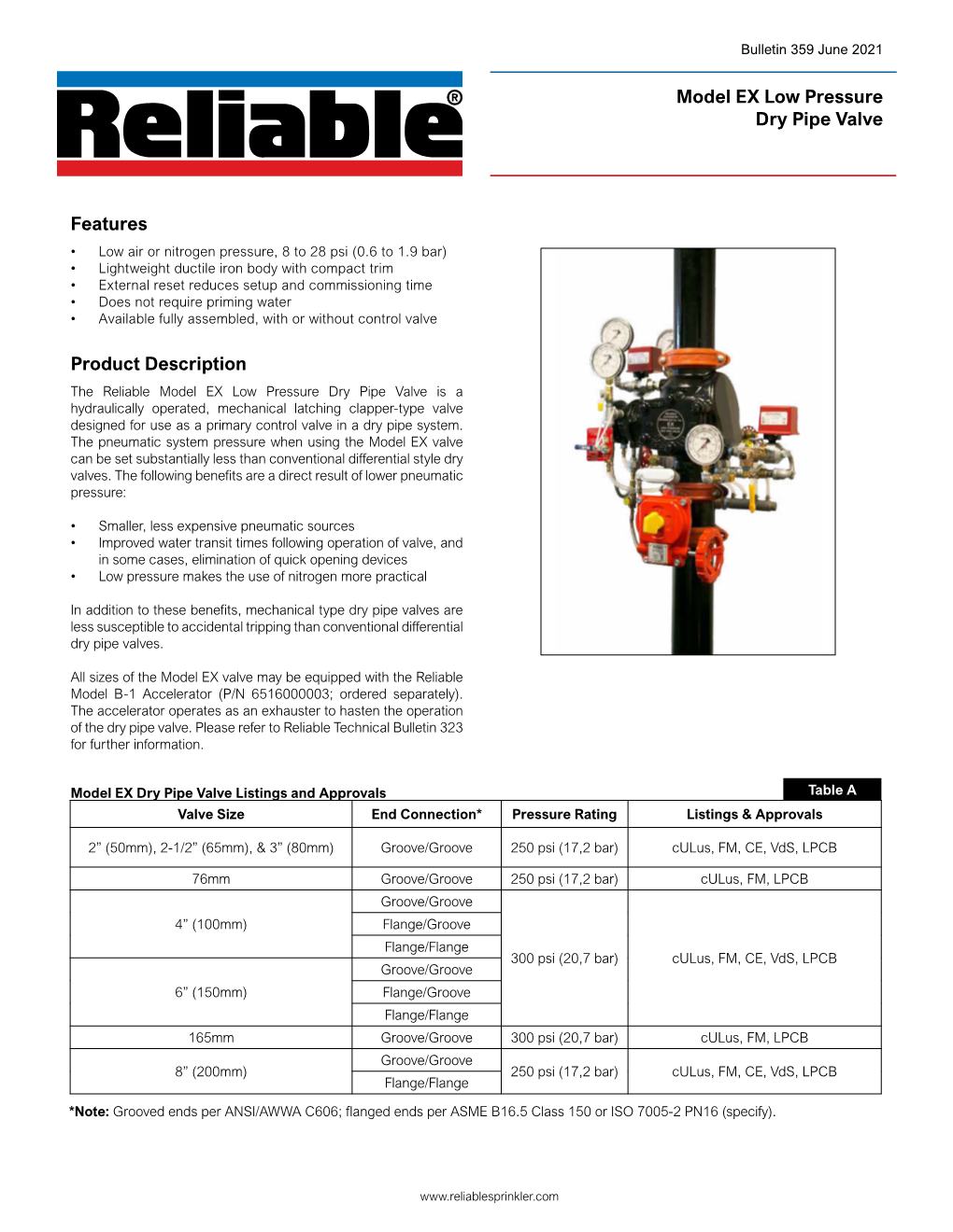 Reliable Model EX Low Pressure Dry Pipe Valve System