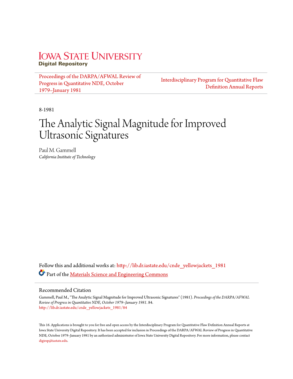 The Analytic Signal Magnitude for Improved Ultrasonic Signatures Paul M