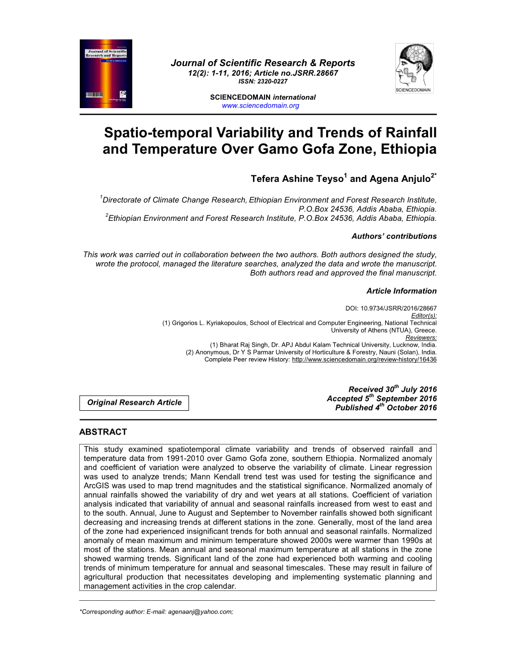 Spatio-Temporal Variability and Trends of Rainfall and Temperature Over Gamo Gofa Zone, Ethiopia