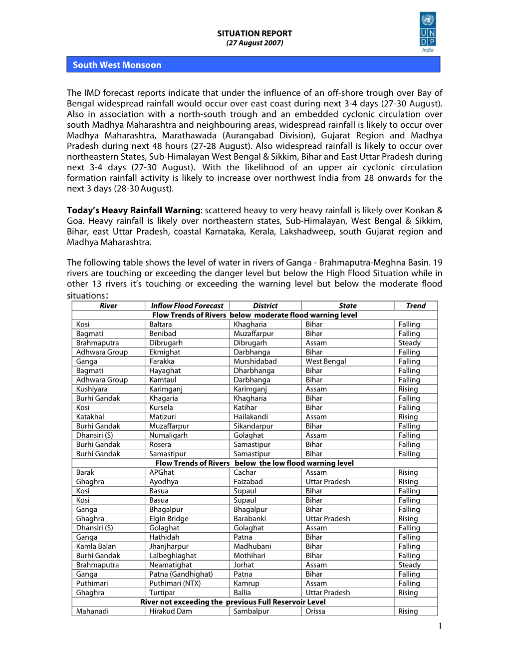 1 the IMD Forecast Reports Indicate That Under the Influence of an Off-Shore Trough Over Bay of Bengal Widespread Rainfall Would