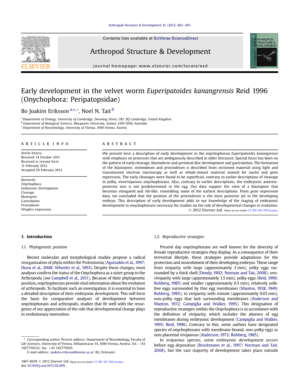 Early Development in the Velvet Worm Euperipatoides Kanangrensis Reid 1996 (Onychophora: Peripatopsidae)