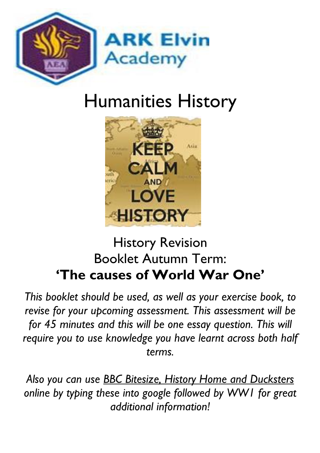 History Revision Booklet Autumn Term: 'The Causes of World War One'