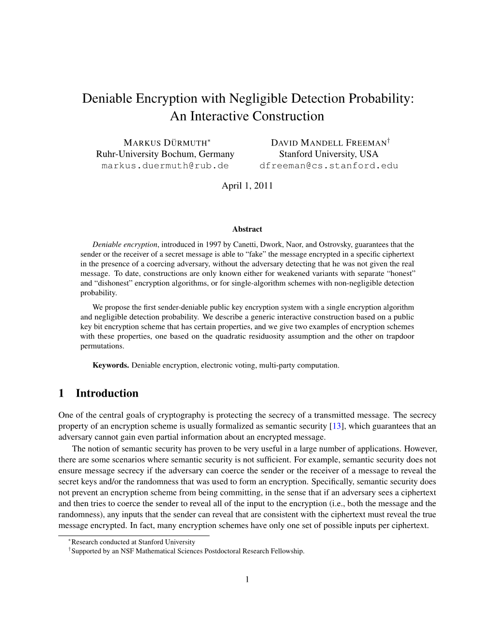 Deniable Encryption with Negligible Detection Probability: an Interactive Construction