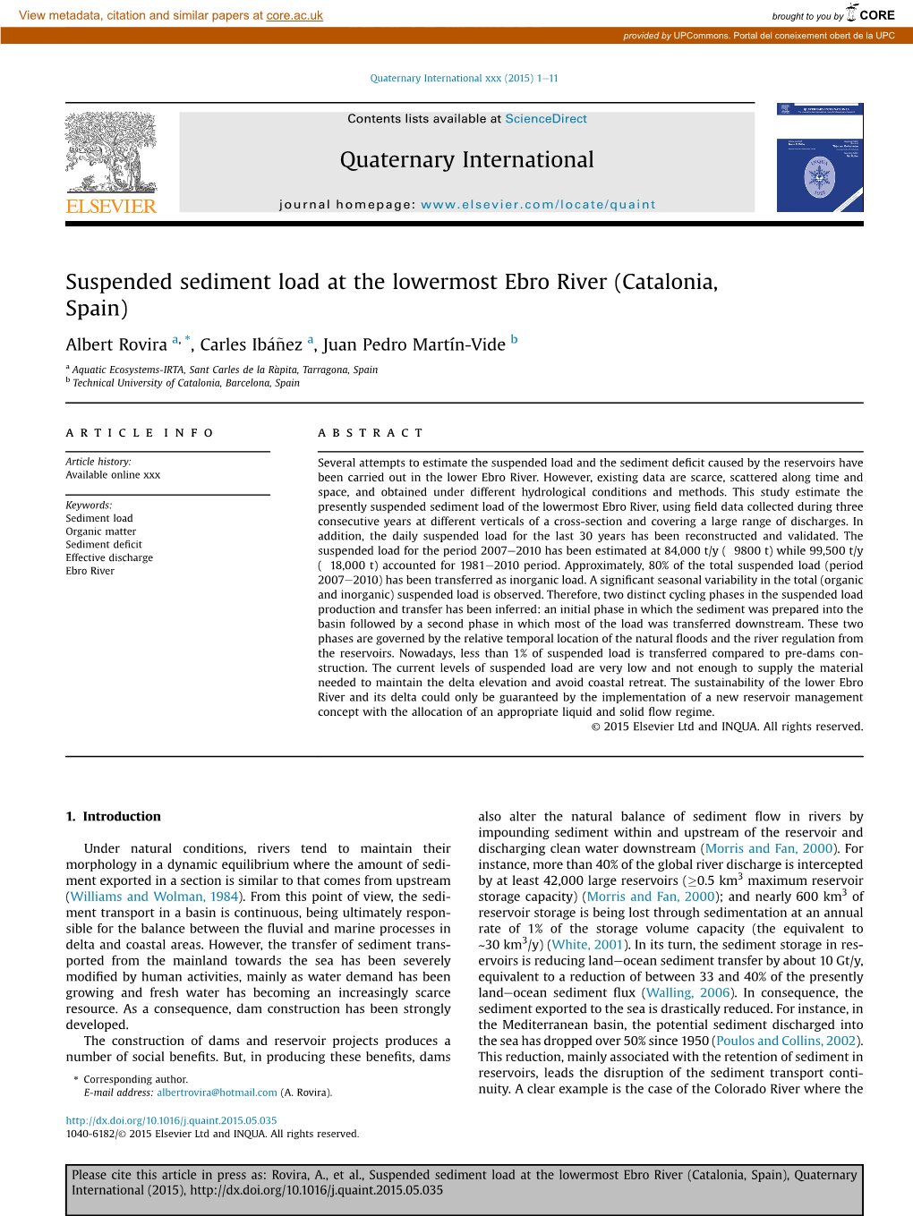 Suspended Sediment Load at the Lowermost Ebro River (Catalonia, Spain)