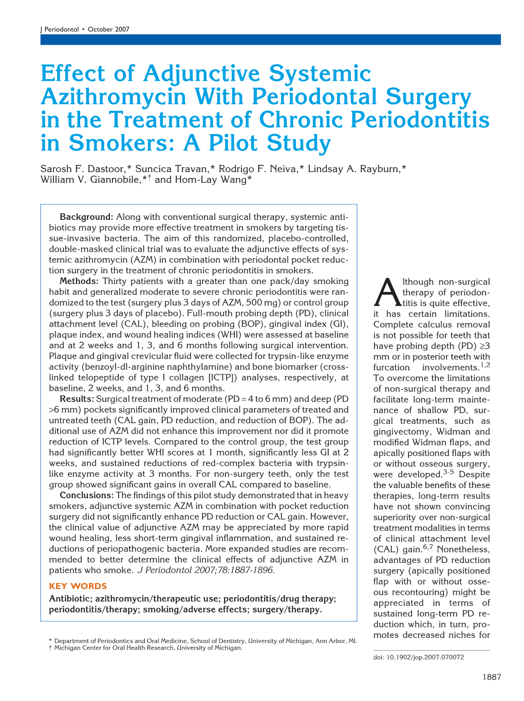 Effect of Adjunctive Systemic Azithromycin with Periodontal Surgery in the Treatment of Chronic Periodontitis in Smokers: a Pilot Study Sarosh F