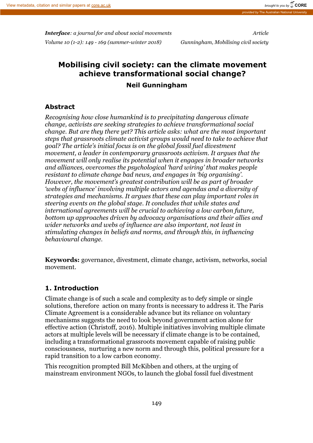 Mobilising Civil Society: Can the Climate Movement Achieve Transformational Social Change? Neil Gunningham