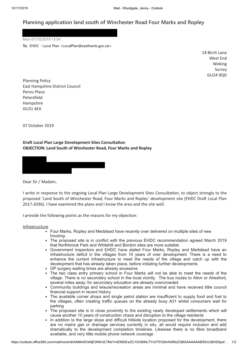 Planning Application Land South of Winchester Road Four Marks and Ropley