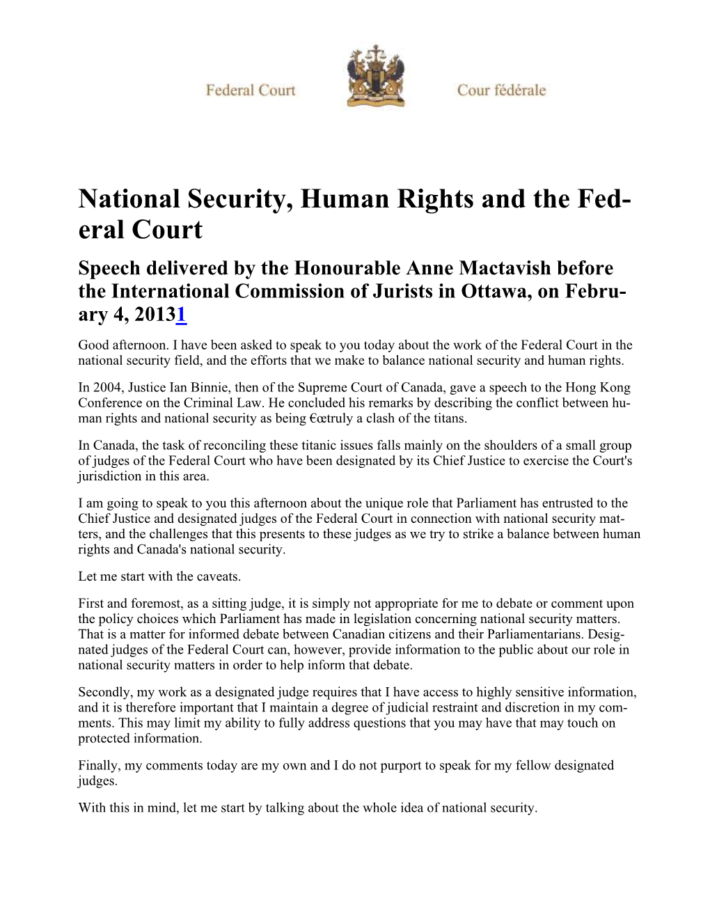 National Security, Human Rights and the Fed- Eral Court