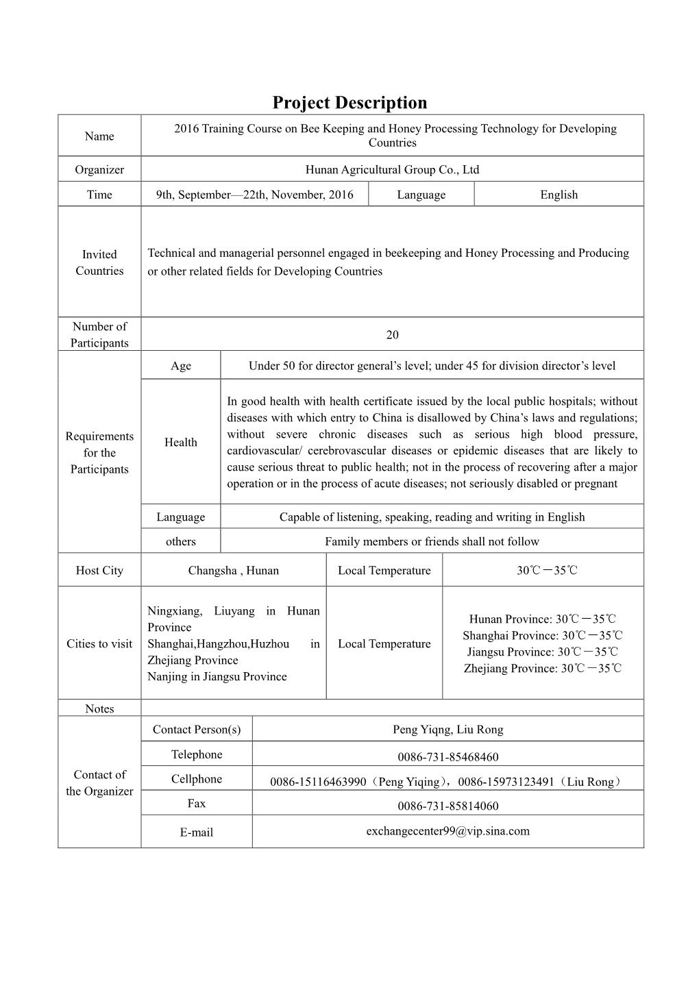 Project Description 2016 Training Course on Bee Keeping and Honey Processing Technology for Developing Name Countries