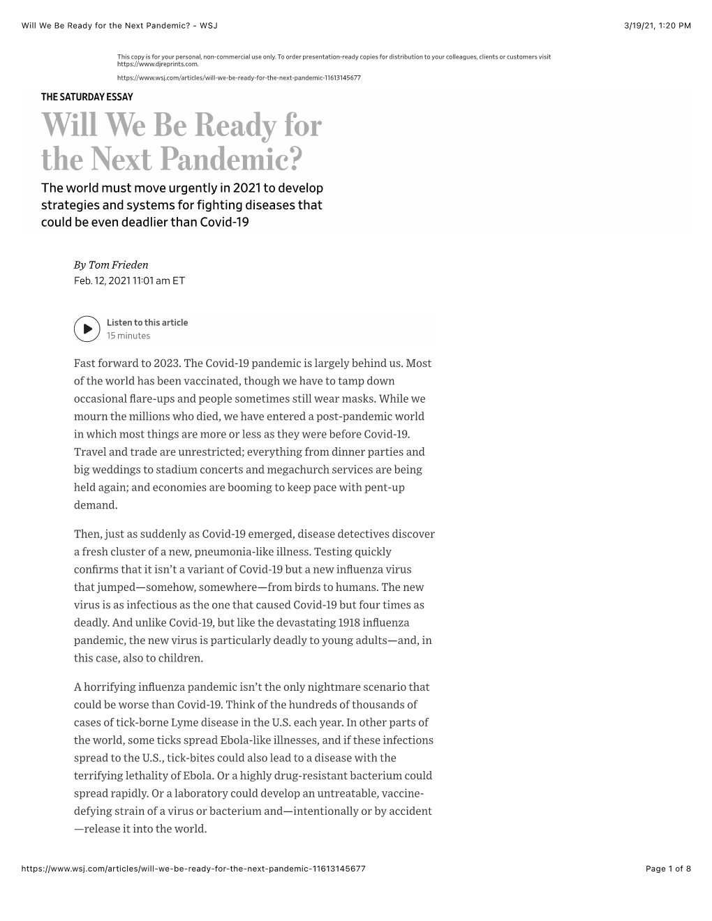 Will We Be Ready for the Next Pandemic? - WSJ 3/19/21, 1:20 PM