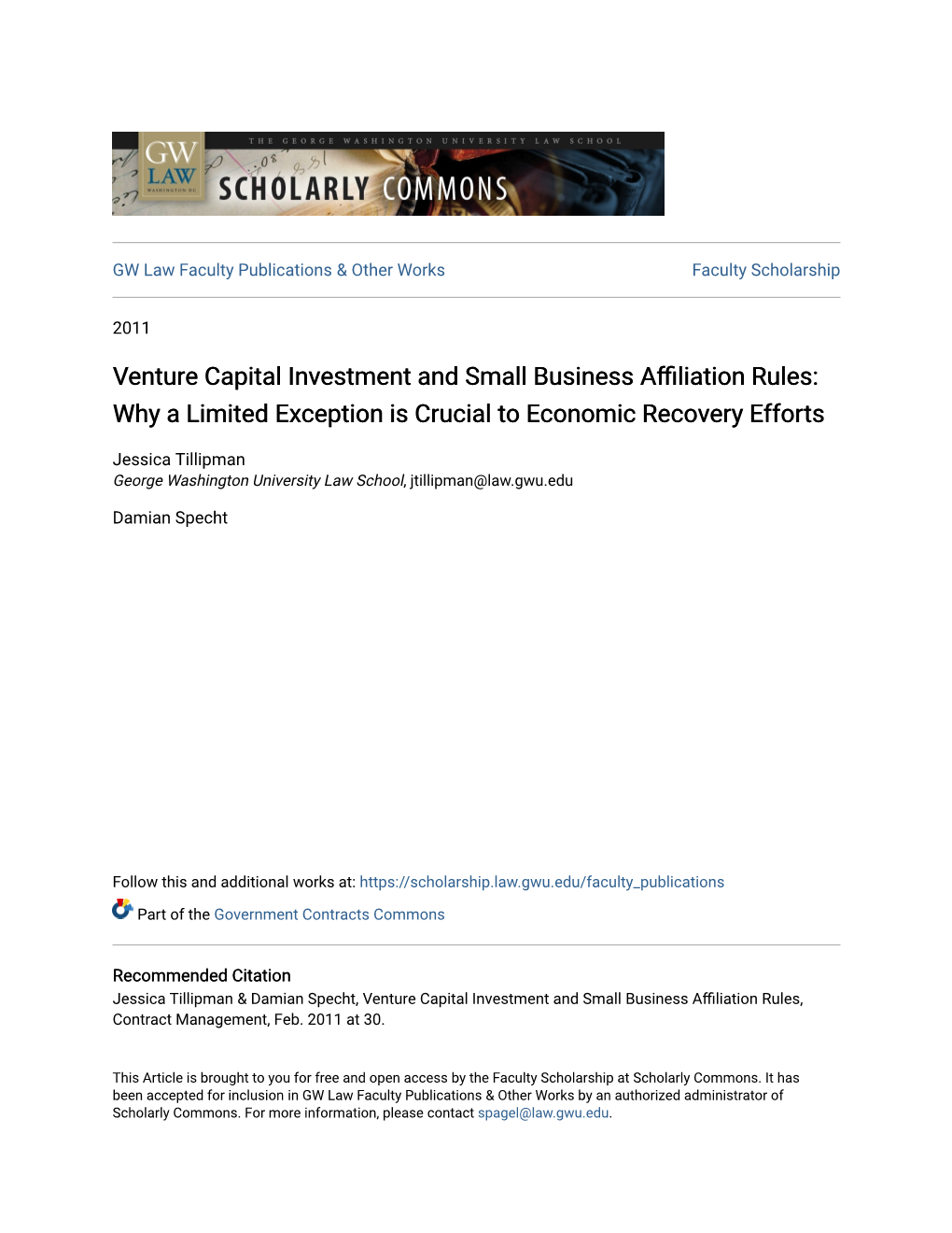 Venture Capital Investment and Small Business Affiliation Rules: Why a Limited Exception Is Crucial to Economic Recovery Efforts