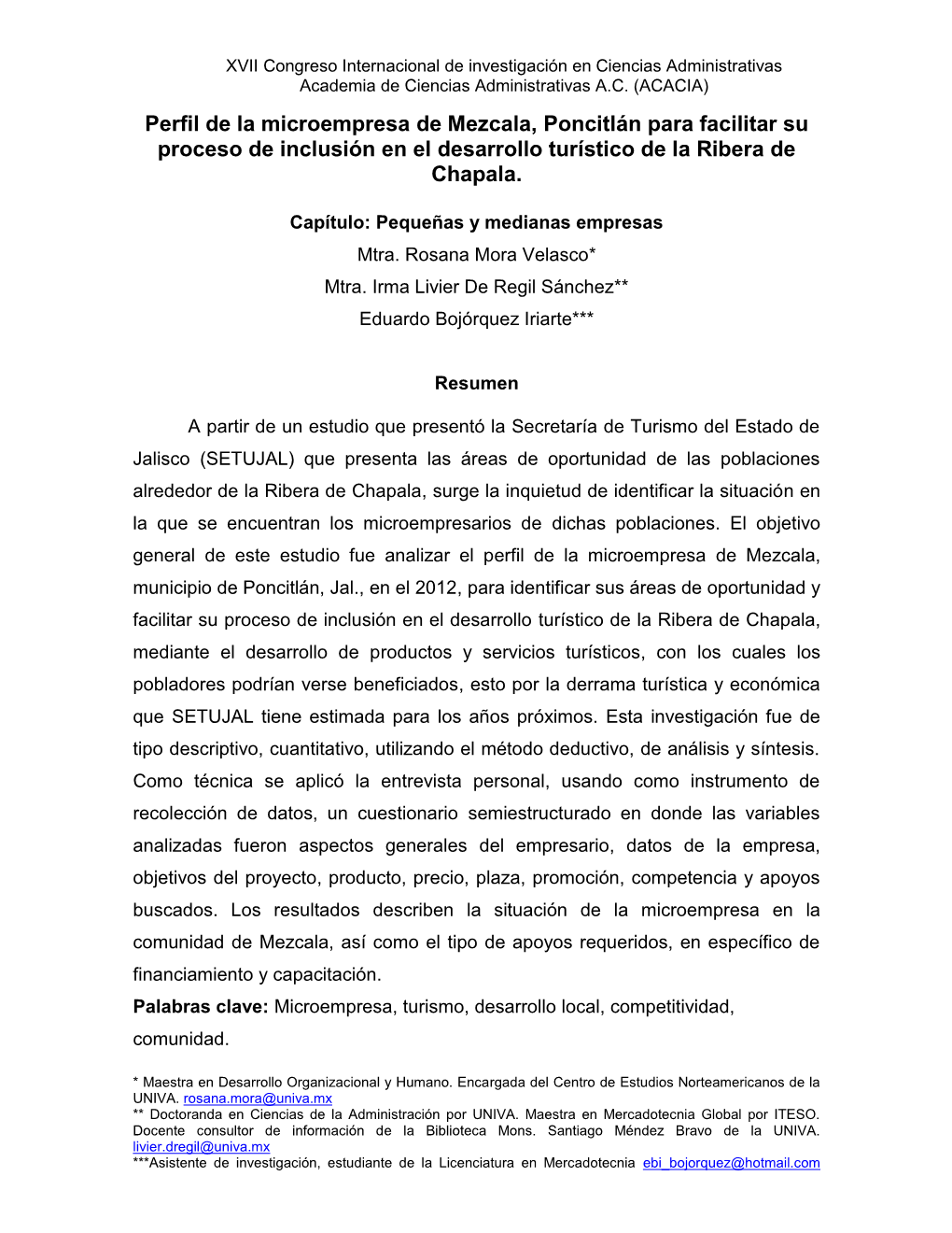 Perfil De La Microempresa De Mezcala, Poncitlán Para Facilitar Su Proceso De Inclusión En El Desarrollo Turístico De La Ribera De Chapala