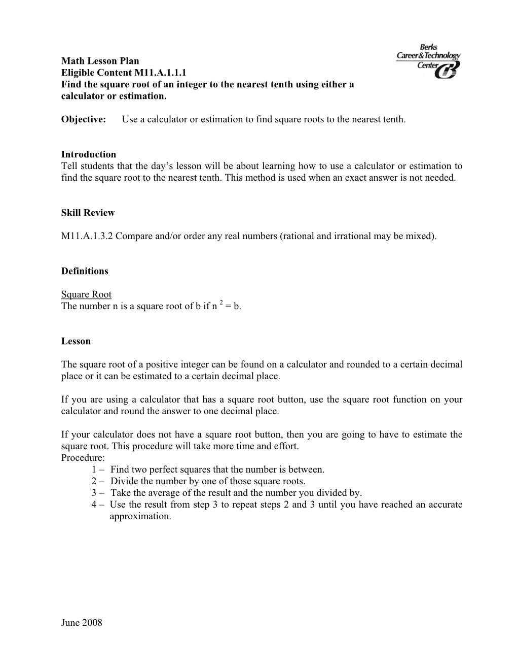 June 2008 Math Lesson Plan Eligible Content M11.A.1.1.1 Find The