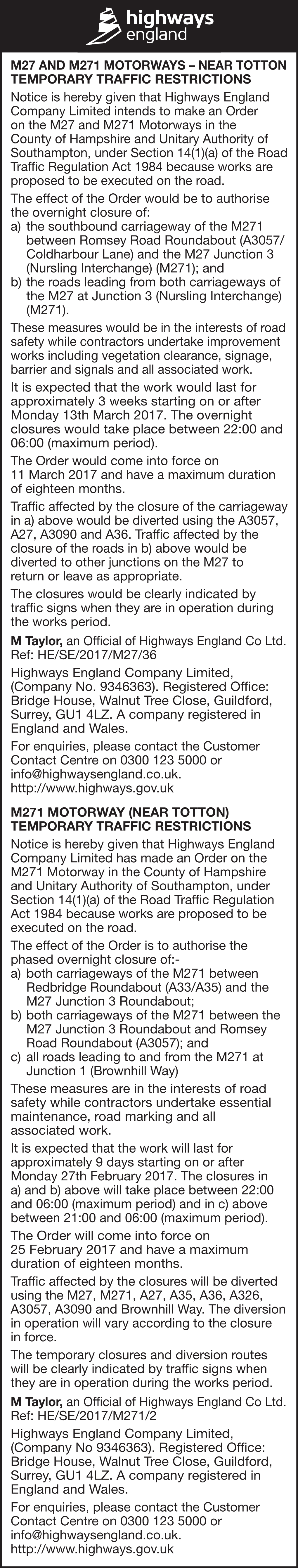 M27 and M271 Motorways – Near Totton Temporary